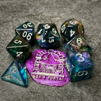 Sage's Shards -Tur/Cola/Grn Glitter Polyhedral Dice Set RGP DnD Dungeons Dragons