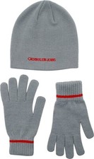 Calvin Klein Boys Embroidered Ck Beanie Hat  Glove Set Racing Red/Gray 8-16 Y