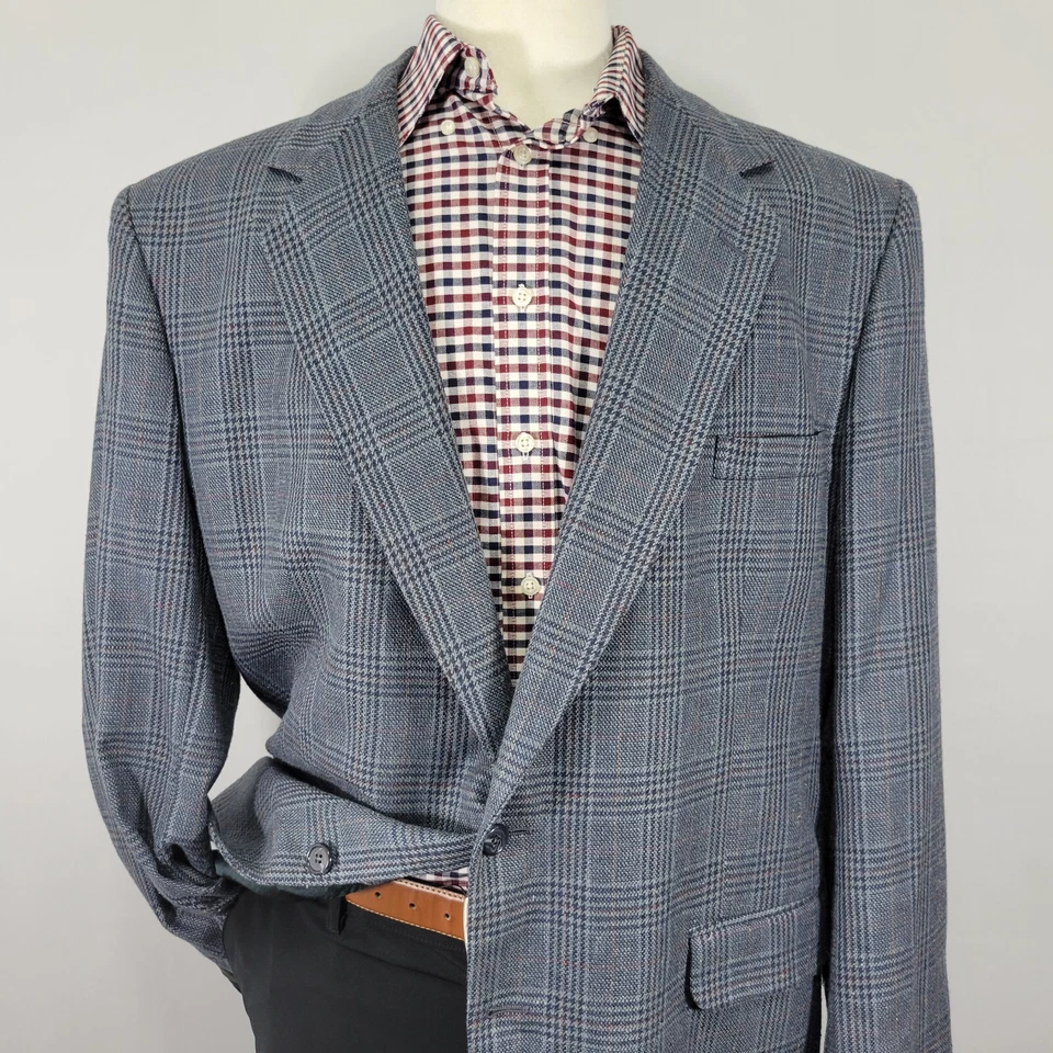 Abrigo Blazer Deportivo Para Hombre Stafford Dos Botones Azul Cuadros Poli Seda Lana 48L De Colección Foto 2 de 4