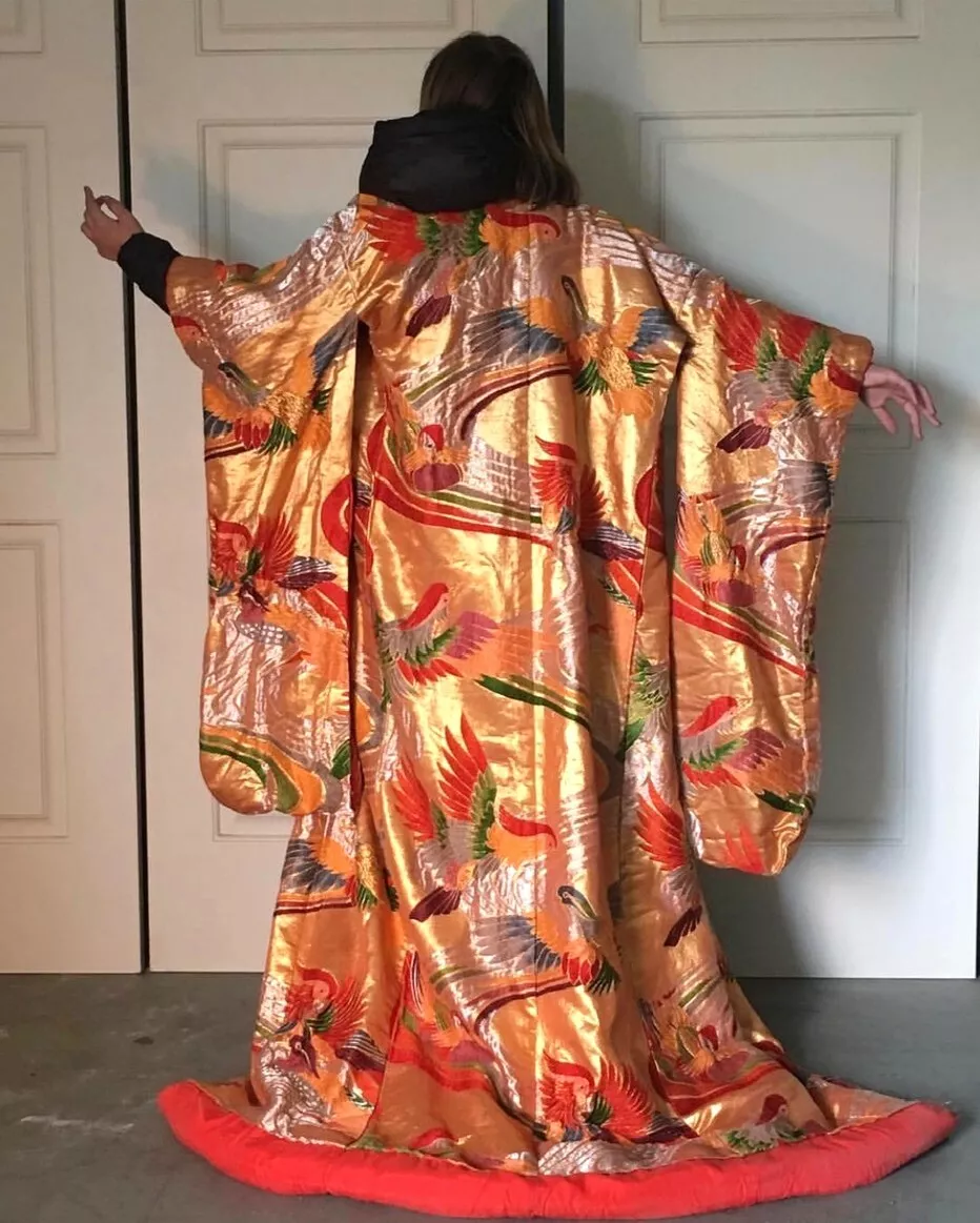 Vintage Japanese Wedding Uchikake Gold Silk Kimono Mandarin Duck