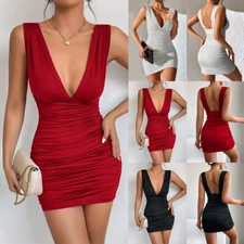 Women Sexy V Neck Elastic Mini Dress Ladies Cocktail Party Sleeveless Dresses US