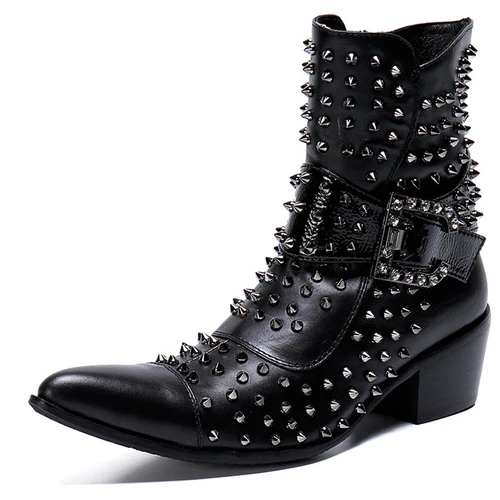 Herren Leder Stiefeletten Motorrad Stiefel Mit Nieten Westernstiefel Punk Biker - Bild 11 von 12