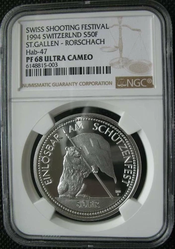Switzerland 50Francs 1994 Silver Proof Coin St.Gallen Shooting Festival NGC PF68