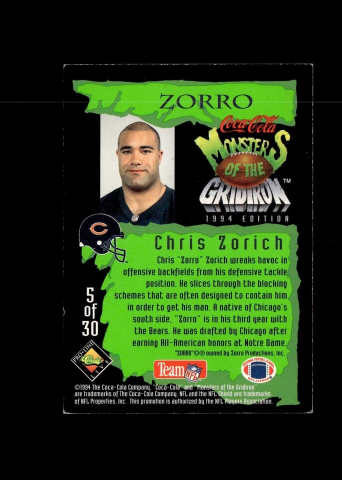 1994 Classic Pro Line Live Coca-Cola Monsters Halloween Card - #5 Chris Zorich - Image 2 of 2