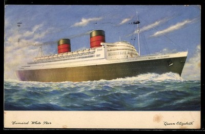 AK Passagierschiff Queen Elizabeth der Cunard White Star Line hohe Fahrt laufen 