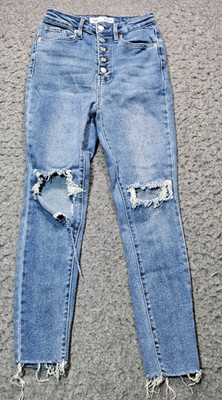 YMI dream knee ripped fringed button up blue denim ankle jeans women size 5/27