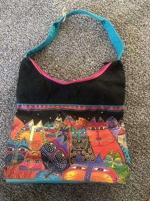 Vintage Laurel Burch Cats Faces Tote Large Shoulder Bag Vinyl Boho Art  Colorful