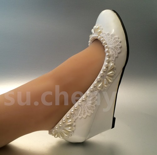 Su.cheny 2" Wedge Lace Pearls White Light Ivory Wedding Bridal Shoes Size 5-10.5 - Foto 10