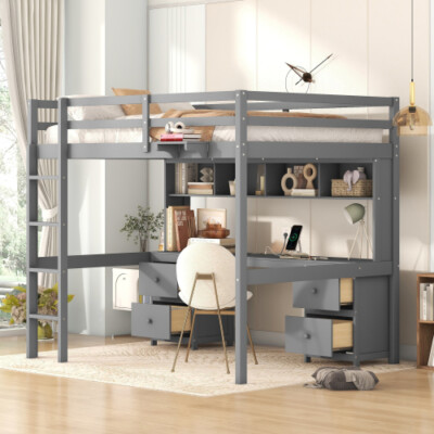Full Size Loft Bed with Desk & Storage Cabinets Shelves Bookcase Wood Bed Frames