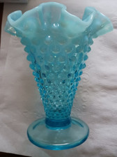 Vintage Fenton Aqua Blue Opalescent Hobnail 5.5" Ruffled Vase