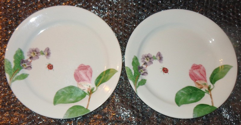 2 Corelle Vitrelle Camellia Pattern Luncheon Plates Ladybug Purple Floral 9 inch