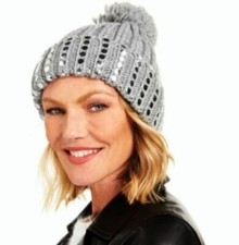DKNY Grey Flat-Stud Metallic Rib-Knit Beanie, One Size