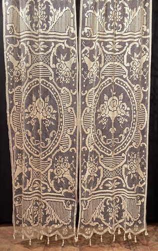 Antica Coppia Di Tende Filet A Mano 300x100cm Ogni Pannello - Foto 2 di 4