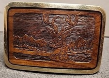 Trinity Solid Brass Buck Mountains Belt Buckle Brass/Wooden Inlay Made in USA