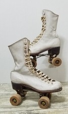 Vintage Gil Ash White Leather Roller Skates Chicago Baseplate wood Wheels 1914