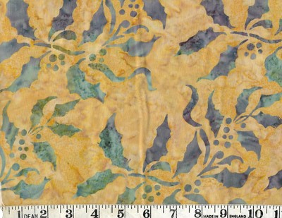 BATIK - LEAFY GREEN ON GOLD,  100% Cotton Fabric, 1/2 yard