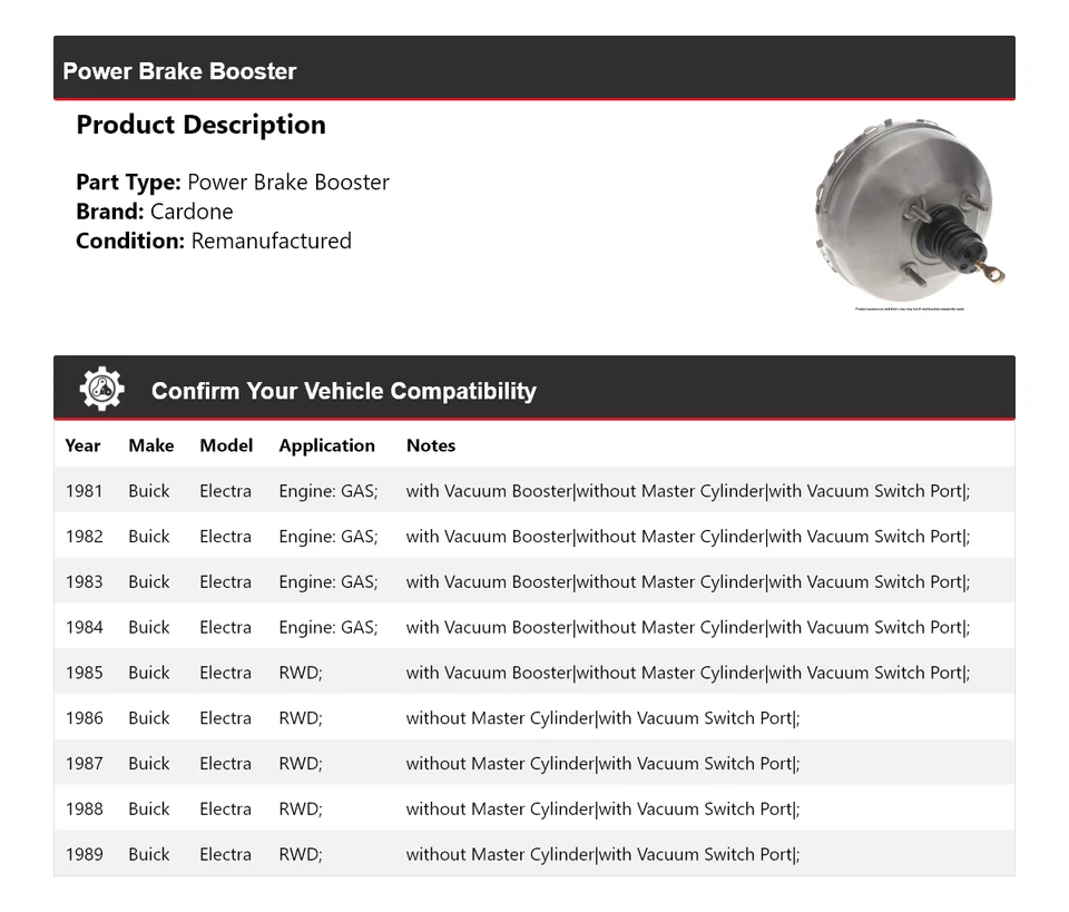 For 1981-1989 Buick Electra Power Brake Booster Cardone 1982 1983 1984 1985 1986 - Image 2 of 4