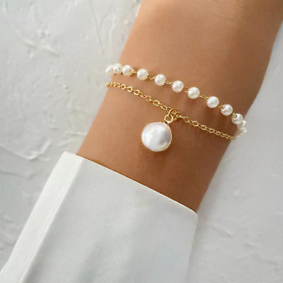 Armband Armkette Perlen 2er Set Armreif Silber Gold Damen Perle Silber Schmuck