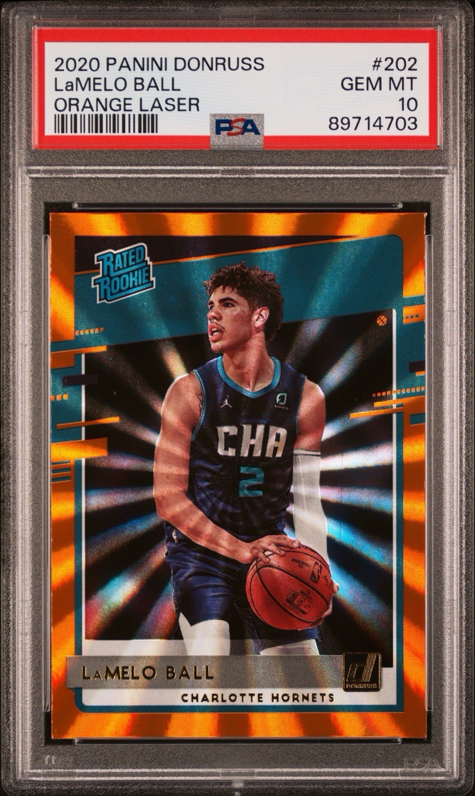 Panini 2020-21 Donruss Rated Rookie LaMelo Ball #202 Orange Laser PSA 10 Hornets