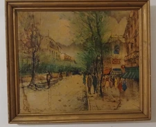 Vintage Mid Century Oil on Canvas of a Paris Street Scene Signed T. Boullevie