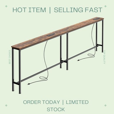 79in Narrow Sofa Console Table with Power Outlets USB-C Storage Rustic Brown