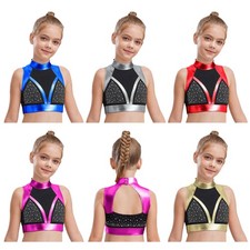 Kids Girls Bra Jazz Vest Metallic Shirts Rhinestones Crop Top Color Block Dance