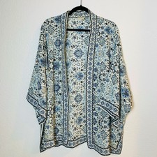 Max Studio Kimono Womens Plus Size 1X Printed Open Front Blue White Floral Flowy