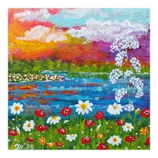 Wildflowers River Original Painting Poppies Daisies Handmade Small Wall Art 6x6