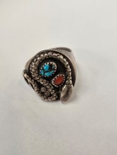 Vintage Southwestern Sterling Silver Snake Ring w/ Turquoise  Coral