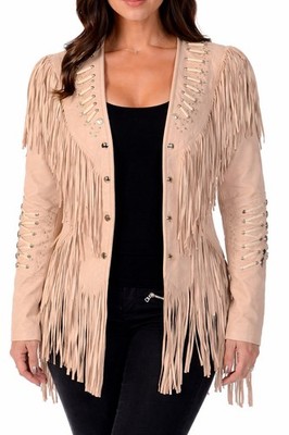 Women s Native Western Cowgirl Suede Leather Fringe Jacket Studded Lace-Up Coat