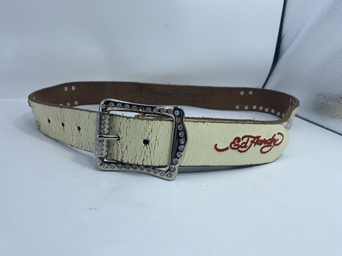 Vintage y2k Ed Hardy Belt Cream Cracked Leather Rhinestone Skull