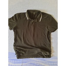 Hugo Boss Mens Black Mercerised Cotton Textured Polo Shirt White Tipped Collar L