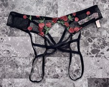 NWT VICTORIA'S SECRET XL BLACK RED CHERRY EMBROIDERED MESH CROTCHLESS PANTIES