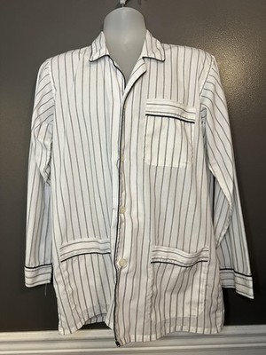 Pierre Cardin Pajama Shirt Mens Medium White Black Stripe Sleep Top Pockets