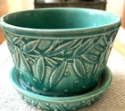 Vintage McCoy Pottery Green Leaf Pattern Planter Flower Pot With Tray