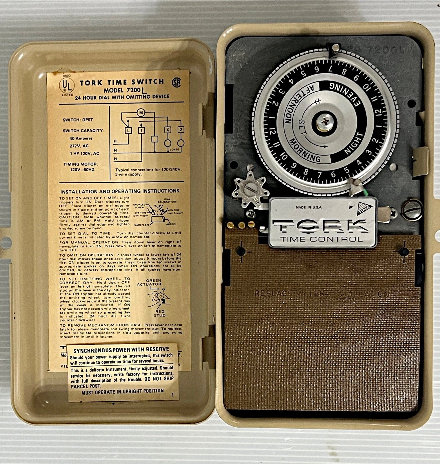 Tork 7200L - 24 Hour Skip A Day Time Switch with Reserve Power - 40A - 120V NWOB