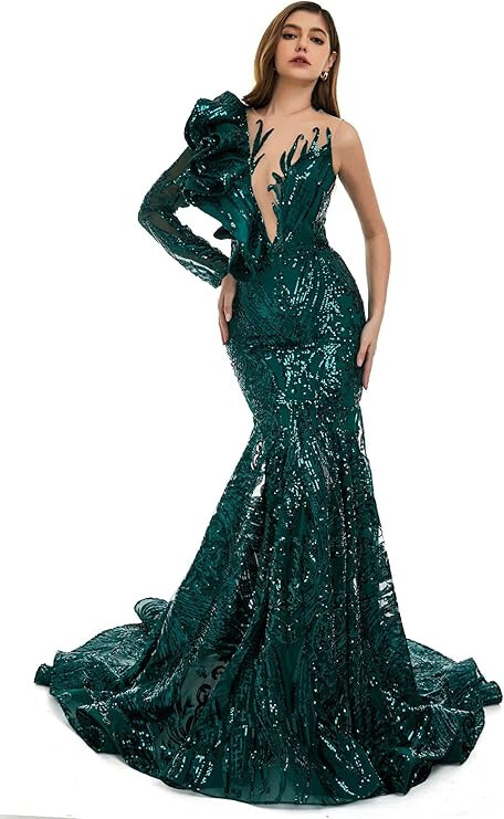 green satin slit dress Unique Iridescent Green Sequin Long Sleeve Mermaid Prom Dress main image 1
