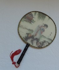 Silk Fabric Hand Paddle Fan With Wood Handle Collectible Antique Geisha