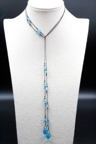Antique Art Deco Aqua Blue Glass Sterling Silver Lariat Necklace - Photo 1/7