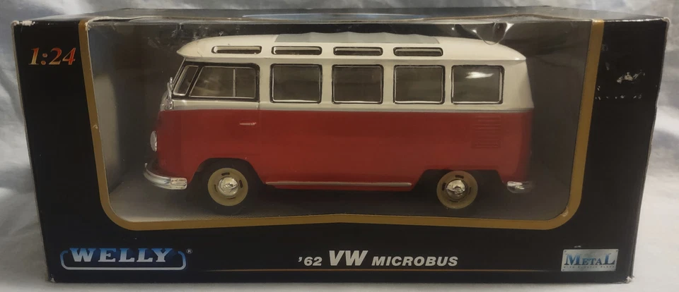 '62 VOLKSWAGEN VW MICROBUS rojo y blanco - Welly escala 1:24 - modelo fundido a presión con caja Foto 2 de 4