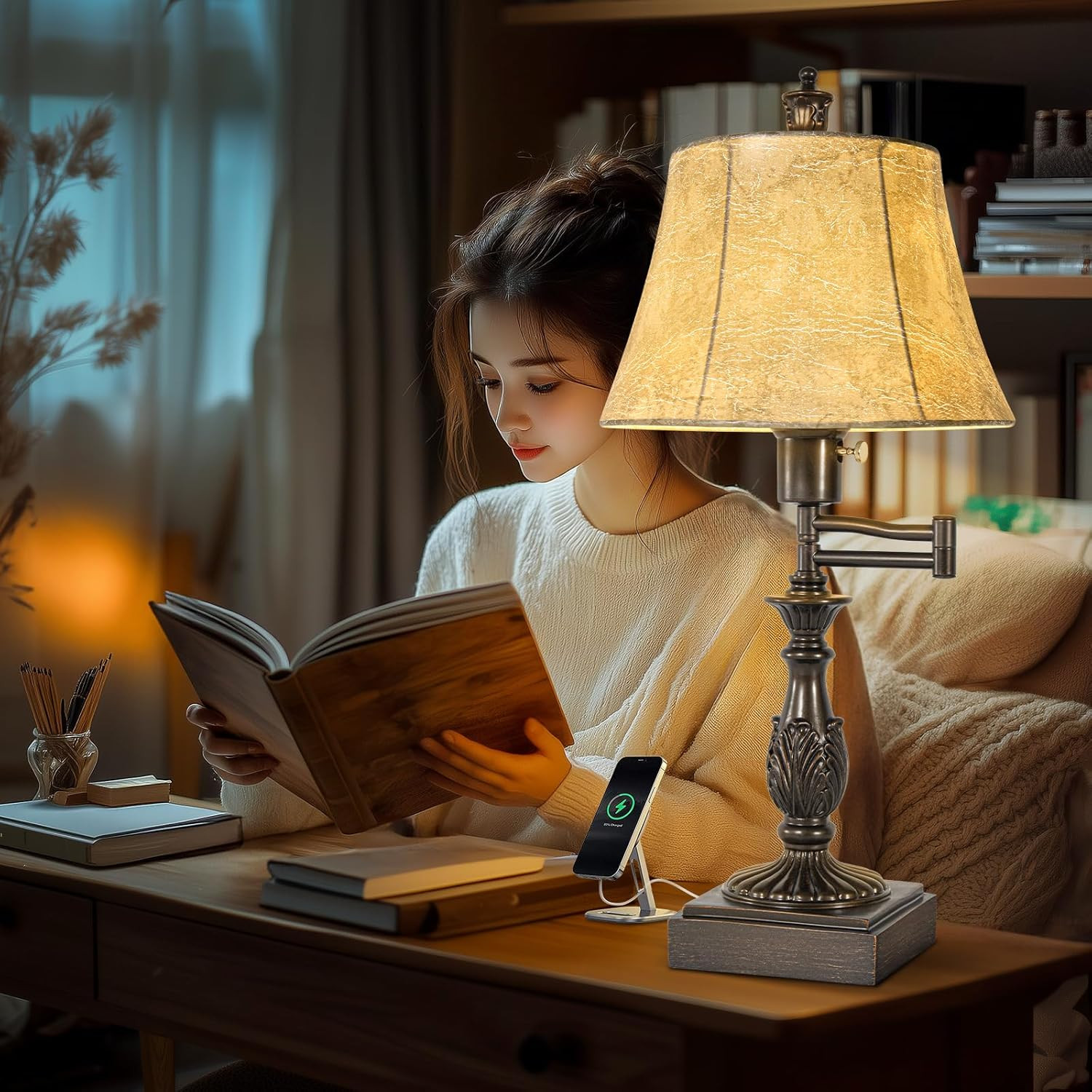 23.5" Rustic Traditional 350° Adjustable Swing  Table Lamp Set of 2 with USB A+C