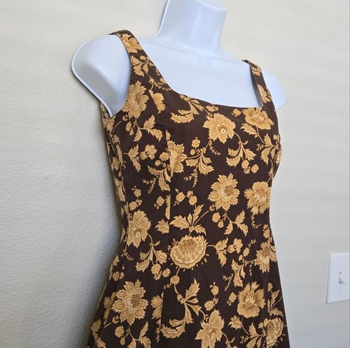 Vintage 90s Jones New York Floral Square Neck Mini Dress Brown Tan Size 2 Petite - Picture 5 of 11