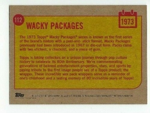 2018 Topps 80° ANNIVERSARIO Wacky Packages 1973 1° Serie WRAPPER ART CARD #112 - Foto 2 di 2