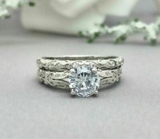 1.55Ct White Round Cut Simulated Diamond Wedding Matching Ring Set In 925 Silver