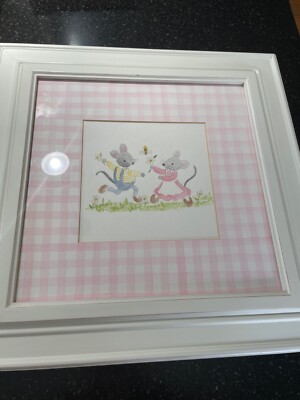 Original Dancing Mice Nursery Framed  Watercolor with Pink Mat   17'' x 17'' Frog