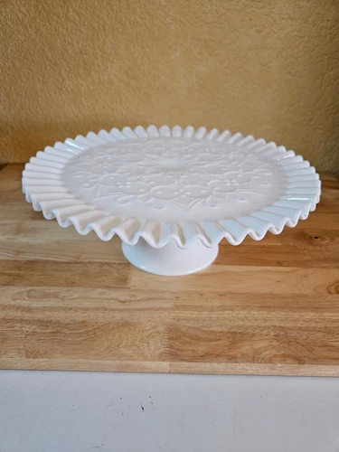 Vtg Fenton White Milk Glass Spanish Lace Pattern Round Cake Stand Pedestal 13"