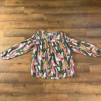 Nine West Women Top Tunic Shirred Long Sleeve Tie V Neck Pink Green Blouse Sz. M
