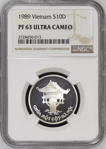 Vietnam 1989 S10 Đồng Hà Nội One Pilar Pagoda Silver coin. NGC PF 63 Ultra Cameo
