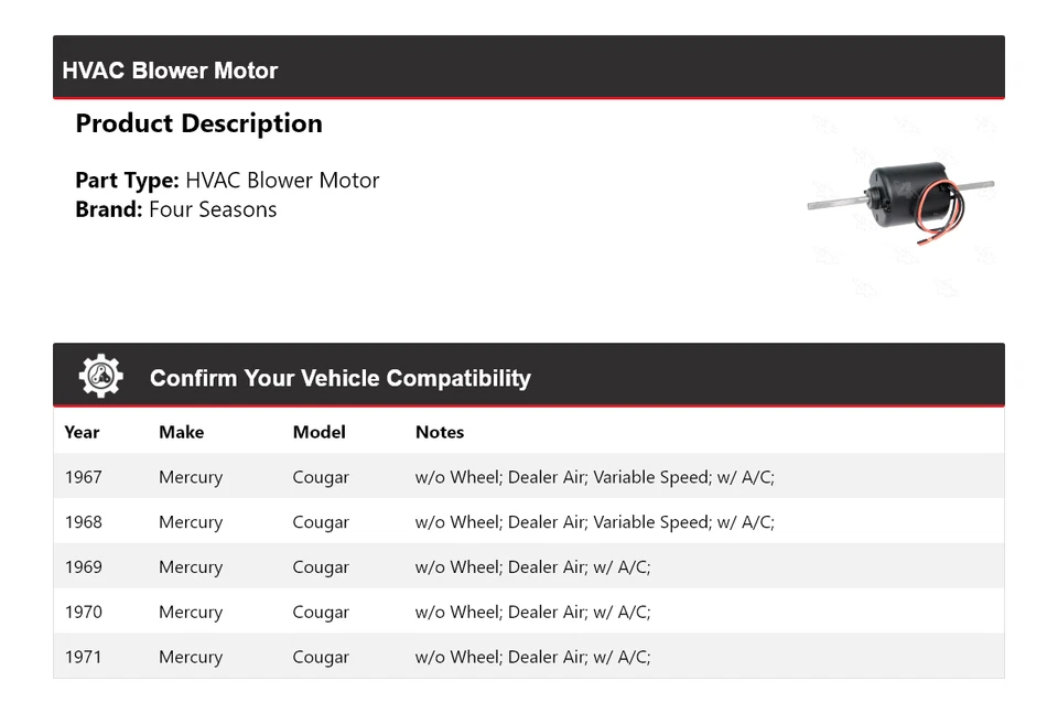 适用于 1967 - 1971 Mercury Cougar HVAC 吹风机电机 4 季 1968 1970 — 第 2/4 张图片