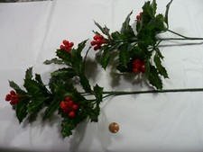 2 Plastic Large Green with Red Berries Holly Stems - Vintage